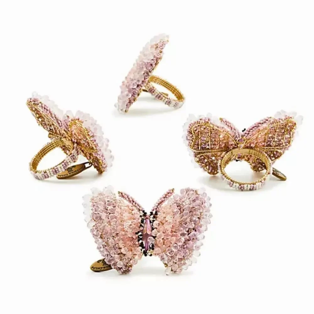 MacKenzie-Childs Pink Butterfly Hill Beaded Napkin Rings 4pc in Original Box